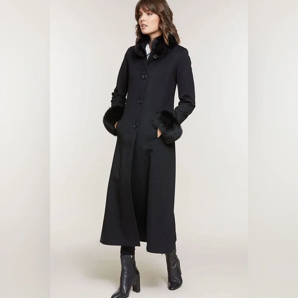 Vintage 100% Wool Rabbit Fur Trim Collar Pea Coat Black size 8 / medium